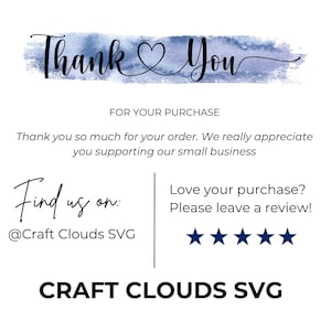 May include: White background with the words "Thank You" in a script font over a blue watercolor wash. Text below reads "For Your Purchase" and "Thank you so much for your order. We really appreciate you supporting our small business."