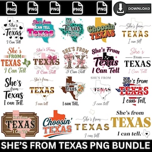 Pu&ograve; includere: Una collezione di file PNG con vari design che presentano la frase "She's From Texas I Can Tell". I design includono il contorno dello stato del Texas, fiocchi e caratteri decorativi in colori come turchese, rosa e marrone. Il pacchetto &egrave; etichettato "She's From Texas PNG Bundle."