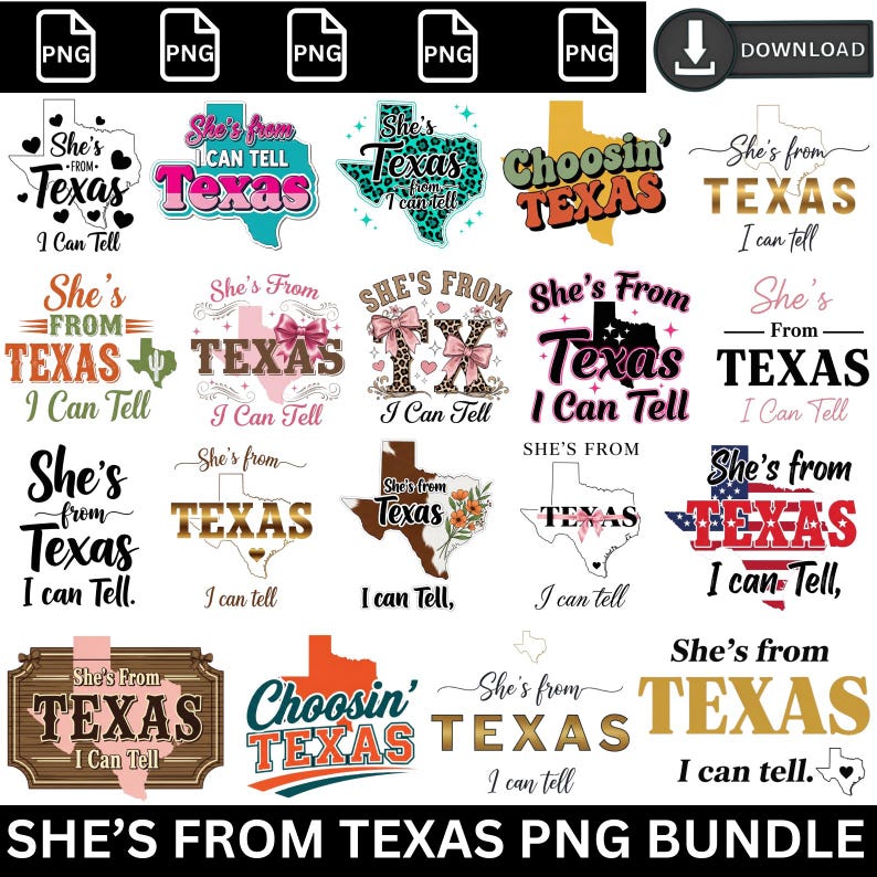 Pu&ograve; includere: Una collezione di file PNG con vari design che presentano la frase "She's From Texas I Can Tell". I design includono il contorno dello stato del Texas, fiocchi e caratteri decorativi in colori come turchese, rosa e marrone. Il pacchetto &egrave; etichettato "She's From Texas PNG Bundle."