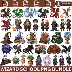 Könnte beinhalten: Eine digitale Sammlung von Fantasy-Illustrationen mit Drachen, Zauberern, Schülern in Roben, magischen Kreaturen, einem Dampfzug, einem Kessel, einer Kristallkugel und verschiedenen mystischen Artefakten, betitelt als Wizard School PNG Bundle.