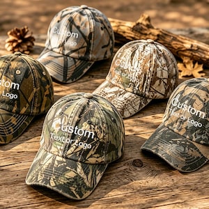 May include: Five baseball caps featuring a camouflage pattern in shades of green, brown, and tan. Each cap has a curved brim, a button on top, and the white text Custom Text or Logo printed on the front panel of the crown.