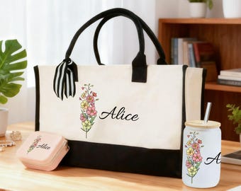Personalized Birth Month Flower Canvas Tote Bag, Bridesmaid Gifts, Bachelorette Gift , Mother day Gift，Gift for Women，Bridesmaid，Mom，friends