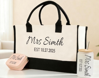 Frau Nachname Est Jahr Tote Bag / personalisierte Datum Hochzeit Tote / Brautparty Geschenk / Flitterwochen Geschenk / individuelles Hochzeitsgeschenk / Brautjungfer Geschenk