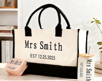 Frau Nachname Est Jahr Tote Bag / personalisierte Datum Hochzeit Tote / Brautparty Geschenk / Flitterwochen Geschenk / individuelles Hochzeitsgeschenk / Brautjungfer Geschenk