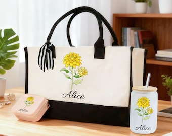 Custom Birth Flower Bag, Flower Name Bag, Personalized Birthday, Mom Birthday, Gift for Friend, Birth Month Gift, Bridesmaid Gift，Mother