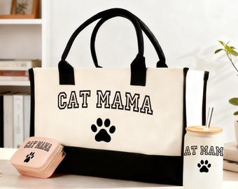 Bolso de mano Cat Mama para amantes de los gatos, regalo para mamás de gatos, regalo para señoras de los gatos, bolso de lona resistente, regalo para madres de mascotas, bolso de mano personalizado para mascotas