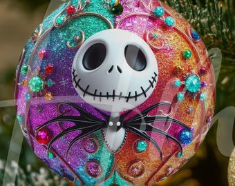 May include: A round Christmas ornament featuring Jack Skellington from The Nightmare Before Christmas. The ornament has a glittery, colorful design with a white Jack Skellington face and black bow tie. The ornament is hanging from a gold string.
