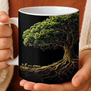 Tree of Life Ceramic Mug, Black Gold Nature Coffee Cup, Spiritual Animals Tea Mug