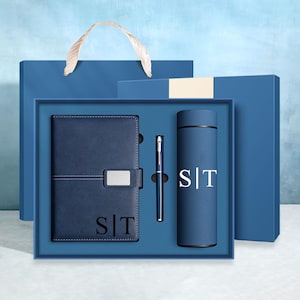 Personalisierte Vegan Leder Notizbuch Geschenk Set, Stift & Thermoskanne