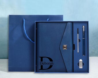 Op maat gegraveerd notitieboekje met pen, leren notitieboekenset, bedankje eindejaar, bijpassende pen, aangepaste afstudeercadeaus, kerstcadeaus.