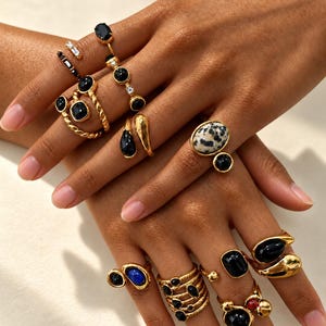 Black Obsidian Ring, 18K Gold Plated Stainless Steel, Adjustable Natural Stone Statement Jewelry