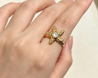 Guld sjöstjärna CZ ring, 18K guldpläterad rostfri stål öppen ring, vattentät icke-mattningsfri havsstjärna smycke, strandpresent till henne