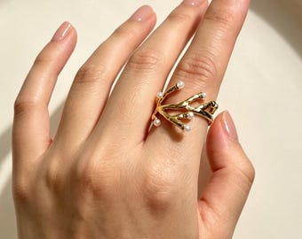 18K guldkvistring, justerbar pärlgrenring i rostfritt stål, öppen ekologisk botanisk ring, mattfria natursmycken, present till henne