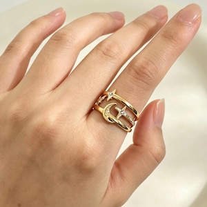 Gold Moon and Star Open Ring, Blue Cubic Zirconia Celestial Band, Waterproof Non Tarnish Stainless Steel Jewelry, Gift for Women