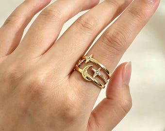 Öppen ring i guld med måne och stjärna, blått kubiskt zirkoniaarmband, vattentätt smycke i rostfritt stål som inte missfärgas, present till kvinnor