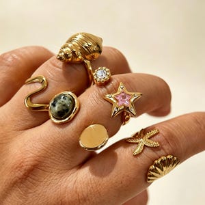 Bague Étoile de mer dorée, Bague Coquillage et Vague, Bijou Océan étanche, Bague Plage ajustable en pierre naturelle et zircon, Cadeau en acier inoxydable pour elle