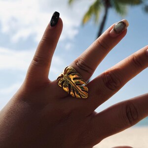 18K Gold Monstera Leaf Ring, Waterproof Statement Ring Adjustable Tropical Jewelry Botanical Gift for Her Tarnish Free Open Ring Beach Vibes
