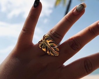 18K Gold Monstera Leaf Ring, Waterproof Statement Ring Adjustable Tropical Jewelry Botanical Gift for Her Tarnish Free Open Ring Beach Vibes