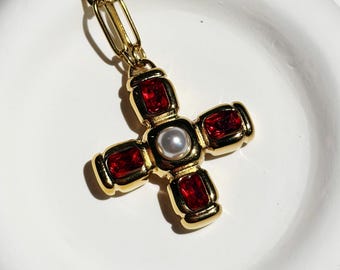 Halsband med kors i 18 karat guld, starkt, mattbeständigt rostfritt stål, hänge med röd zirkonpärla, vintage bysantinsk gemkedja, rubinkors