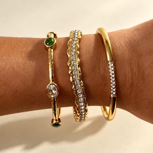 Gold Cuff Bracelet with CZ, Waterproof Open Bangle, 18K Gold Plated Stainless Steel, Tarnish Free Adjustable Stacking Bracelet