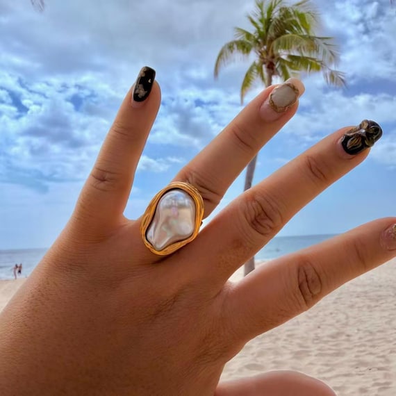 Chunky Molten Gold Ring 18k Gold Plated Stainless Steel Statement Ring Irregular Wavy Organic Ring Bold Liquid Metal Ring Waterproof Jewelry