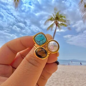 Turquoise Tiger Eye Pearl Ring,18K Gold Plated Waterproof Stainless Steel Boho Statement Jewelry Gift for Her, Open Band
