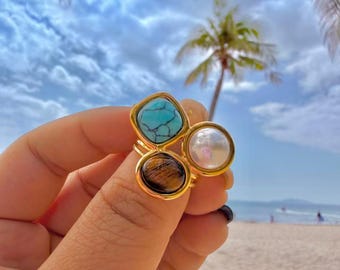 Turquoise Tiger Eye Pearl Ring,18K Gold Plated Waterproof Stainless Steel Boho Statement Jewelry Gift for Her, Open Band