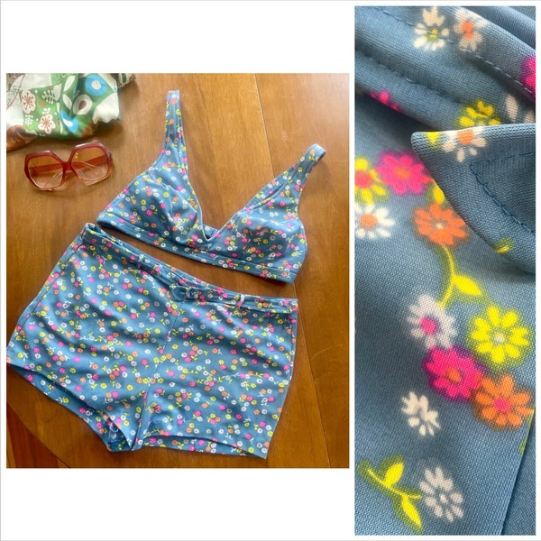 Vintage 1960s Blue Floral High Waisted Bikini Swimsuit size Small