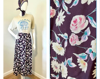 Vintage 1990s Purple Floral Rayon Midi Skirt size Medium / Large