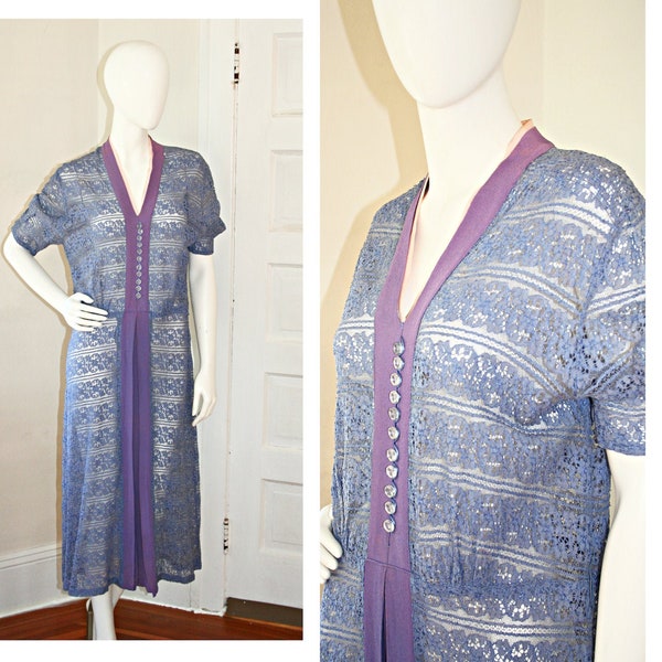 Vintage 1930s 1940s Purple Silk Lace Drop Waist Dress Medium Large XL Plus Size