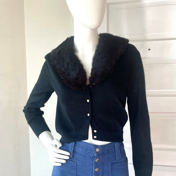 Jones New York Fur Trimmed Wool Cardigan Sweater Size PS