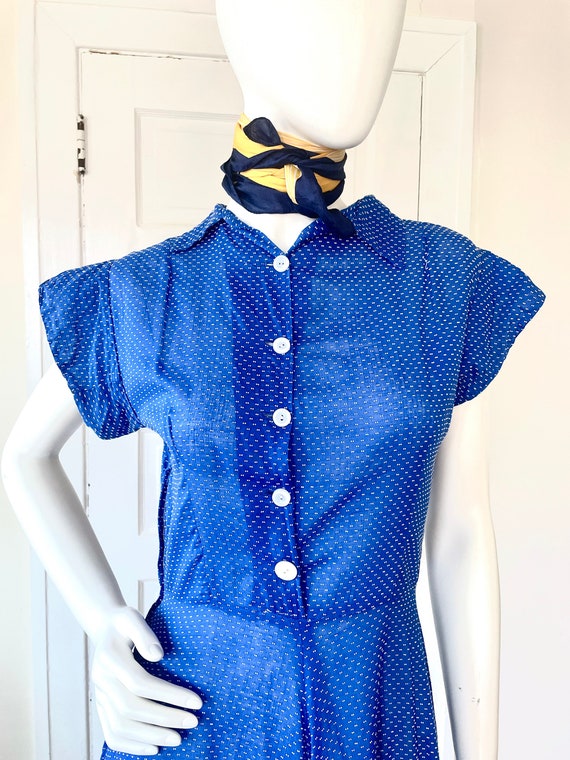 Vintage 1930s 1940s Blue Swiss Dot Shirtdress siz… - image 3