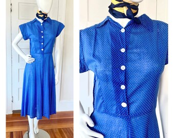 Vintage 1930s 1940s Blue Swiss Dot Shirtdress size Small