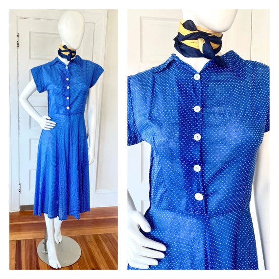 Vintage 1930s 1940s Blue Swiss Dot Shirtdress siz… - image 2