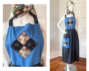 Vintage 1970s Calico Quilt Patchwork Apron Maxi Dress size S M L