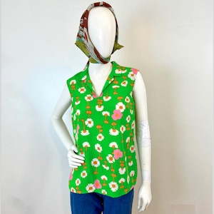 Vintage Lime Green Floral 1960s 1970s Summer Shirt Blouse