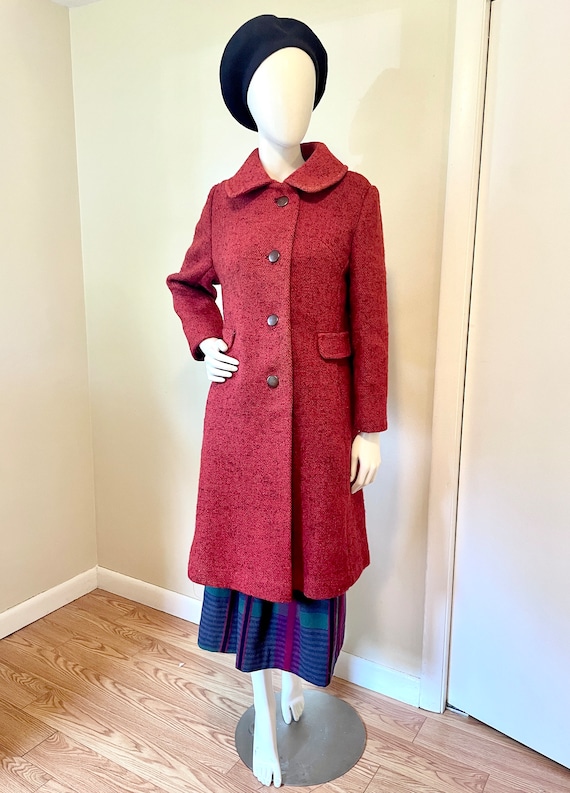 Medium 1960s Coat Red Tweed Wool Plaid Winter Jacket Velvet Collar main image 1