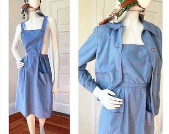 Vintage 1970s Three Piece Denim Chambray Skirt Overalls Chore Jacket Small
