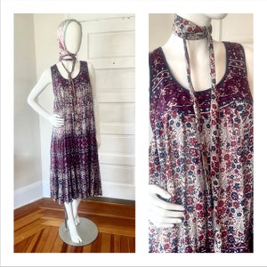 Vintage 1970s Indian Cotton Gauze Tunic Floral Maxi Dress size Small