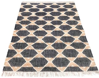 Natural Jute Black Hand Woven Geometric Boho Style Rug, - CUSTOMISE in any size