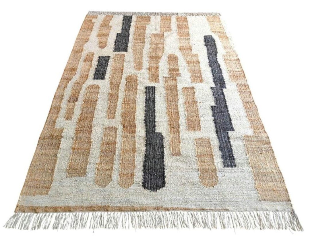 Modern Abstract Jute Flatweave Rug, Earthy Tones, Unique Textured ...