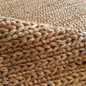 May include: Close-up of a natural fiber rug with a woven texture. The rug features a light brown color with a braided border. The weave pattern is visible, showcasing the craftsmanship of the rug.