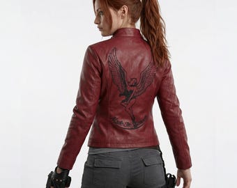 Resident Evil 2 Claire Redfield Red Moto Leather Jacket | RE2 Cosplay Costume Biker Jacket | Gaming Costume Outfit