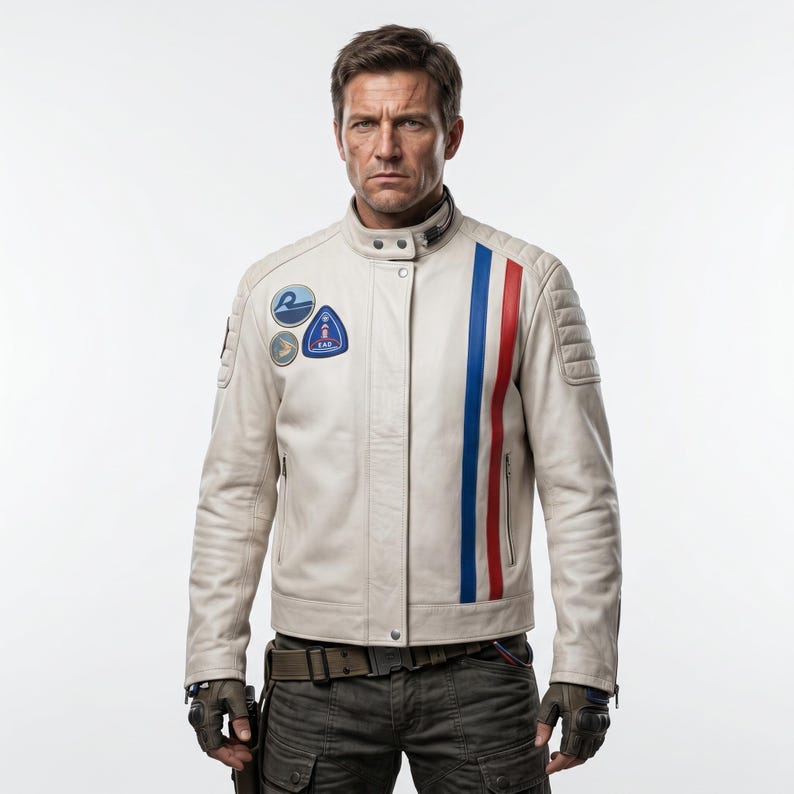 May include: Cream-colored leather jacket with a stand-up collar and vertical red, white, and blue stripes. The jacket features multiple patches on the chest and quilted shoulder detailing. The model is wearing dark green cargo pants and gloves.