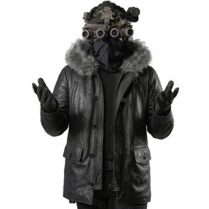 May include: A black leather parka featuring a hood with a grey faux fur trim, a button-front closure, and two front flap pockets. The garment is worn with black gloves, a black face mask, and a tactical helmet equipped with night vision goggles.