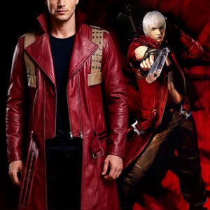 May include: A red leather trench coat with tan shoulder accents and a black stripe detail. The coat features a zipper closure and a belt. A character illustration in a similar red coat is also shown.