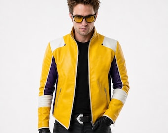 Blouson en cuir jaune inspiré de la musique disco Charlie - Blouson cosplay Dead As Disco - Blouson motard gamer rétro futuriste pour homme