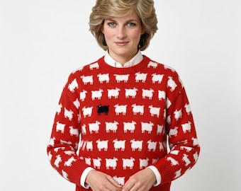 Iconic Black Sheep Sweater Inspired by Princess Diana – 100% Pure Red knitted fabric Jumper
