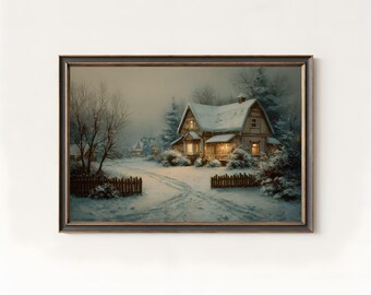 Verschneite Hütte Ölgemälde, rustikale Winter Hütte Kunstdruck (Digitaler Download)