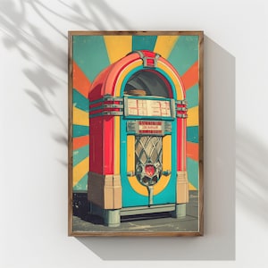 Peut inclure: Impression encadrée d'un juke-box rétro aux couleurs vives. Le juke-box est rouge, turquoise et jaune, avec un design classique. Le fond présente une explosion de rayons orange, jaune et turquoise. L'impression est dans un cadre en bois.